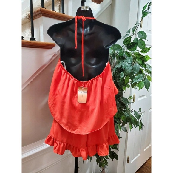 Boutique VAVA Women's Solid Red 100% Polyester Strappy Ruffle Romper Size Medium - Picture 7 of 11